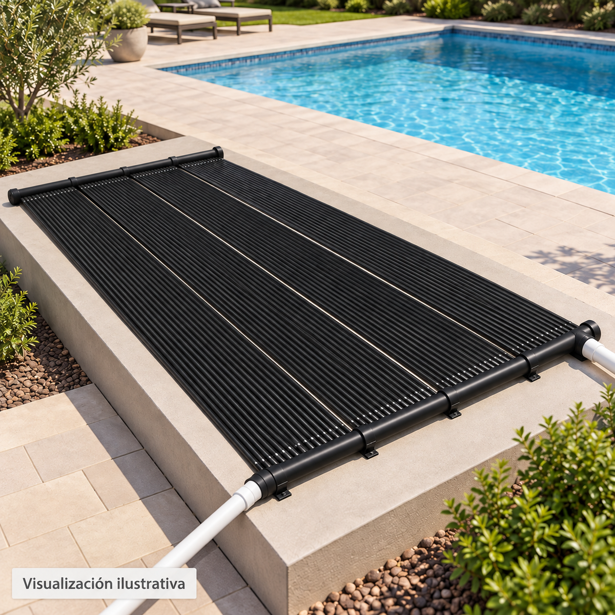 Visualización ilustrativa. Colectores solares ECOHEAT-4M2 montados y conectados junto a una piscina; ejemplo de integración sujeto al proyecto y al manual del equipo.