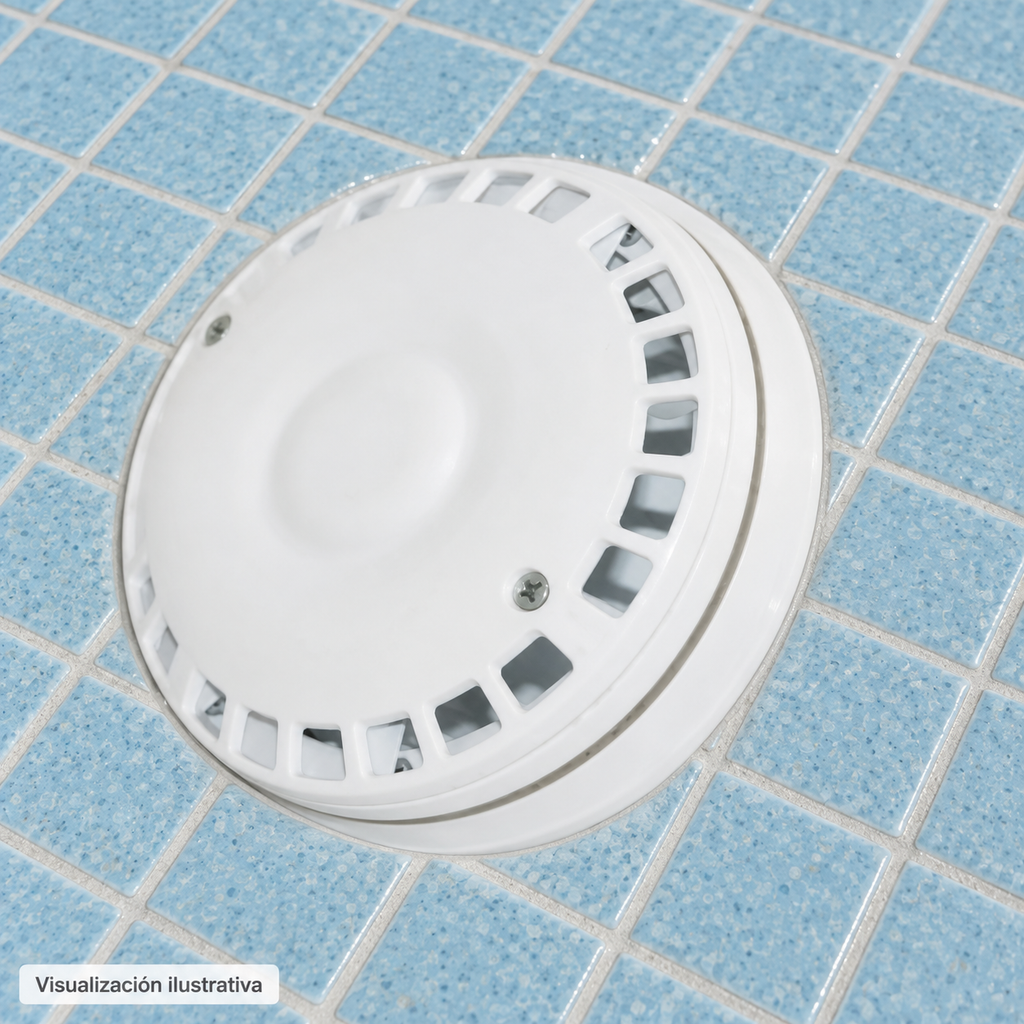 Visualización ilustrativa del dren de fondo 012-002-A-002 empotrado en el piso terminado de una piscina temporalmente vacía. Ejemplo de apariencia; el diseño y montaje del sistema dependen del proyecto.