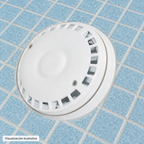 Visualización ilustrativa del dren de fondo 012-002-A-002 empotrado en el piso terminado de una piscina temporalmente vacía. Ejemplo de apariencia; el diseño y montaje del sistema dependen del proyecto.