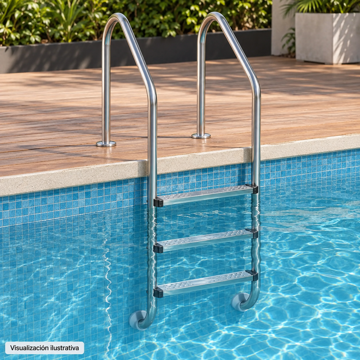 Visualización ilustrativa. Escalera PA-ESC-STDM1-3P instalada en una piscina, con 3 peldaños y pasamanos anclados al andador.
