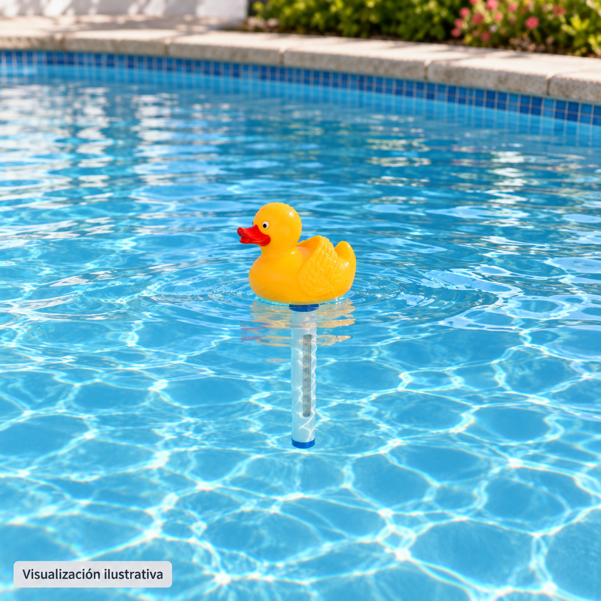 Visualización ilustrativa. Termómetro flotante PA-TERFLOT-PATO en una piscina; ejemplo de uso.