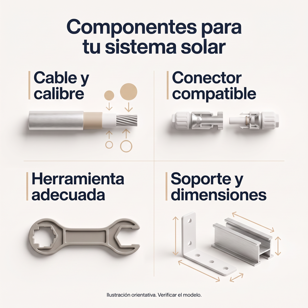 Guía ilustrativa para seleccionar componentes de cableado y montaje fotovoltaico.