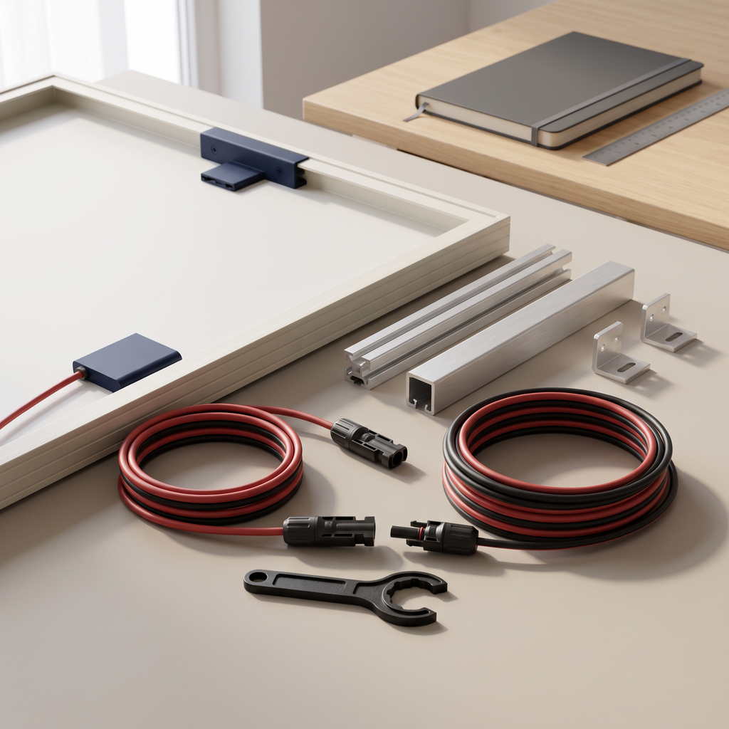 Ilustración de cables, conectores, herramienta y soportes en una aplicación fotovoltaica.