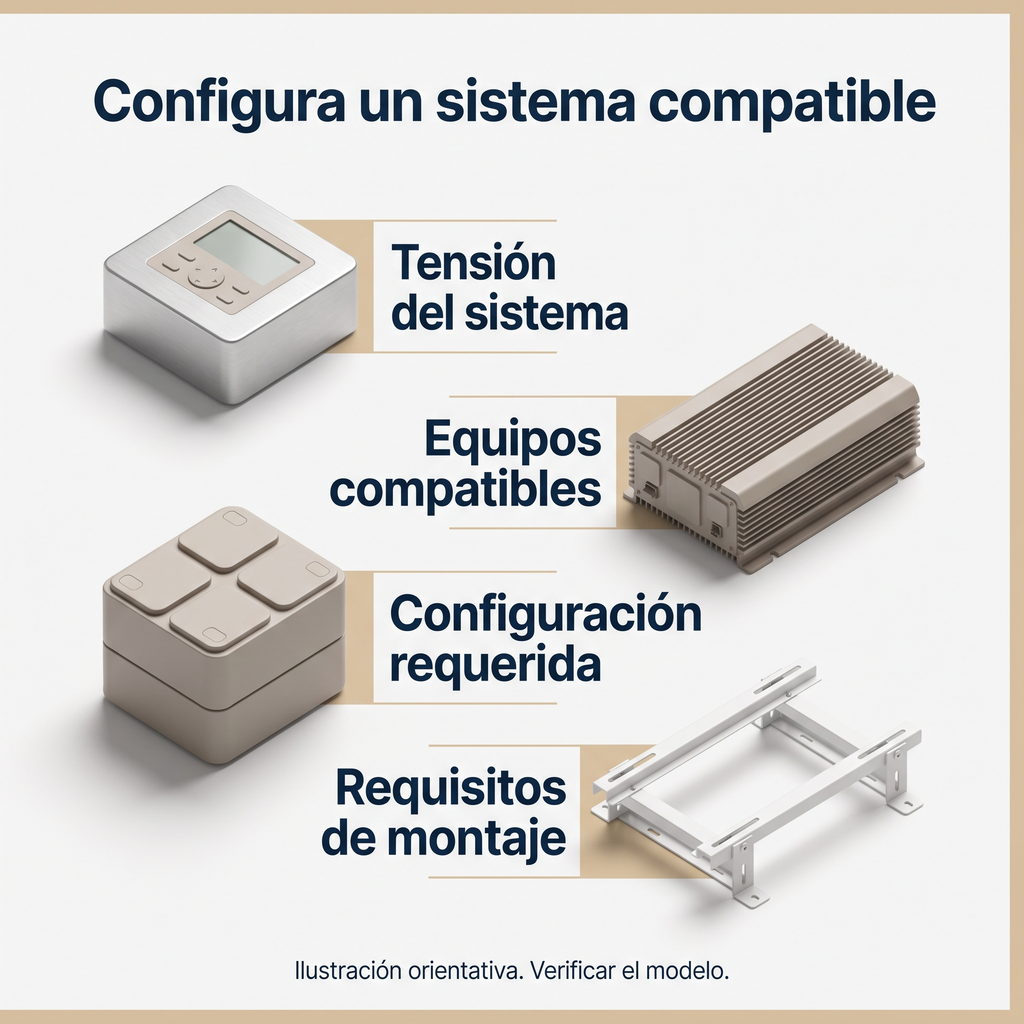 Guía ilustrativa de compatibilidad, configuración y montaje de un sistema de energía.