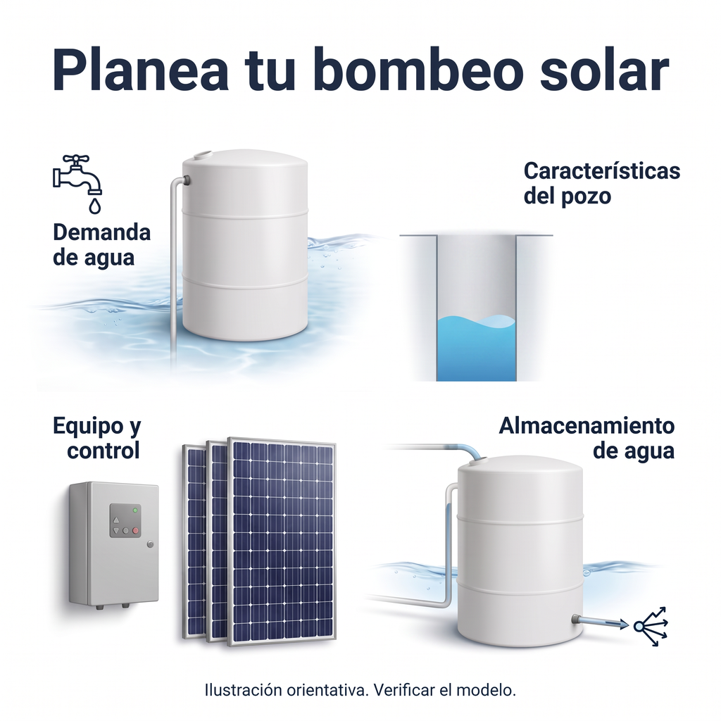 Guía ilustrativa de demanda, pozo, control y almacenamiento para planear el bombeo solar.