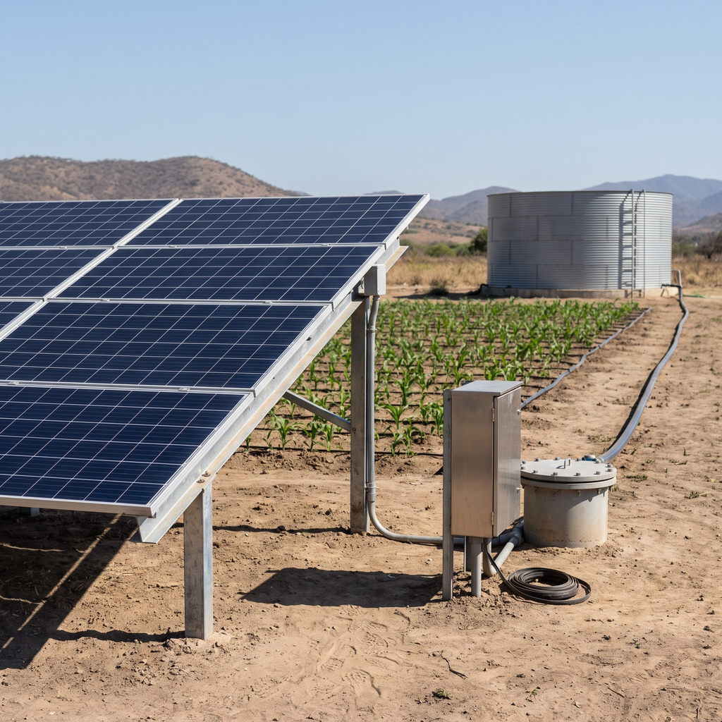 Ilustración de una aplicación agrícola de bombeo solar y almacenamiento de agua.