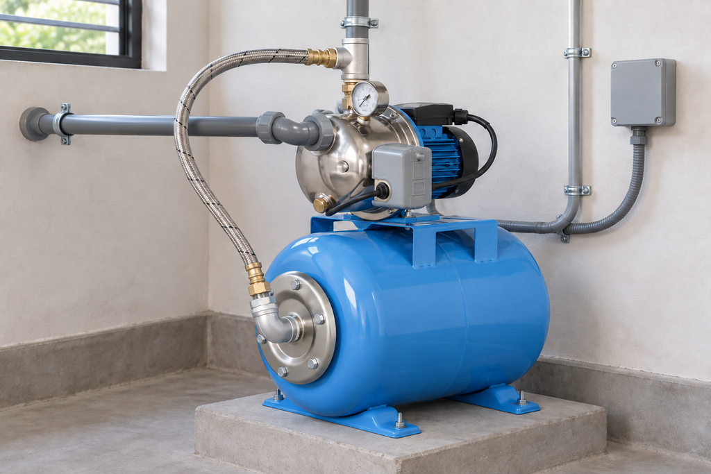 Ejemplo ilustrativo de instalación de la familia Bomba AQUA PAK con tanque AQ horizontal membrana AQUA PAK