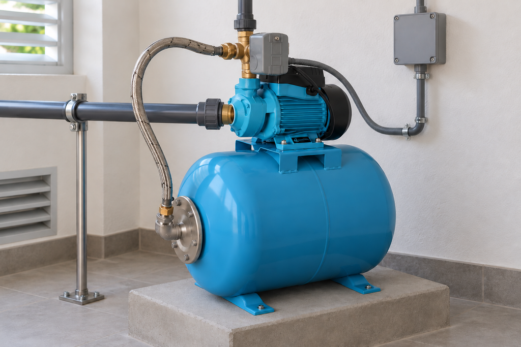 Ejemplo ilustrativo de instalación de la familia Bomba AQUA PAK con tanque AQ horizontal membrana AQUA PAK