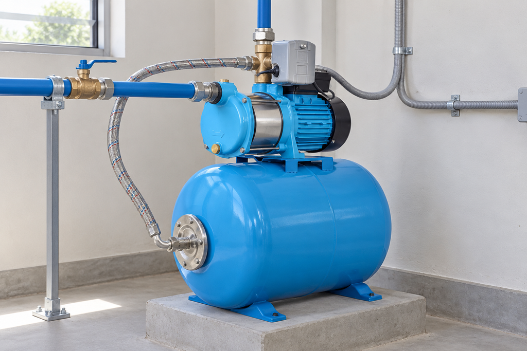 Ejemplo ilustrativo de instalación de la familia Bomba AQUA PAK con tanque AQ horizontal membrana AQUA PAK