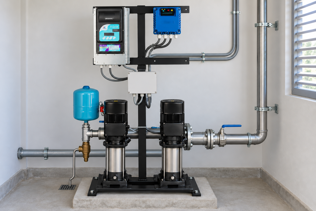 Ejemplo ilustrativo de instalación de la familia Dúplex con bombas JOB, R-DRIVE y PROCONTROL HIDROCONTROL