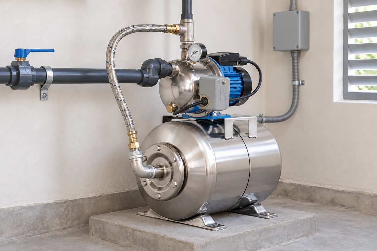 Ejemplo ilustrativo de instalación de la familia Bomba AQUA PAK con tanque AQ acero inoxidable AQUA PAK