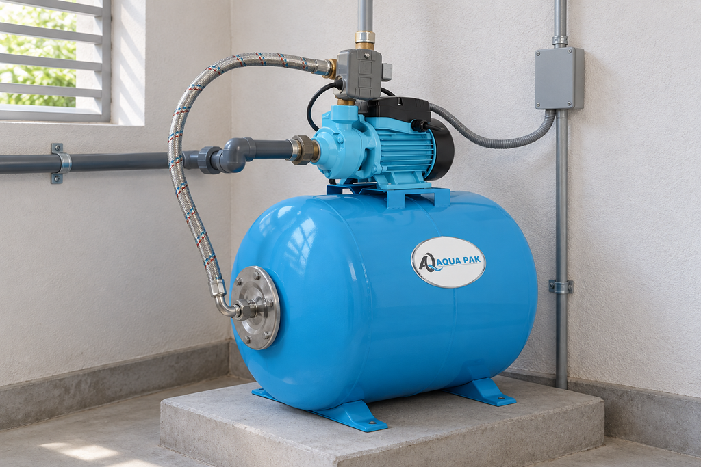 Ejemplo ilustrativo de instalación de la familia Bomba AQUA PAK con tanque AQ horizontal membrana AQUA PAK