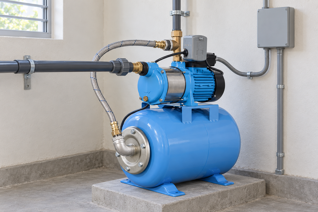 Ejemplo ilustrativo de instalación de la familia Bomba AQUA PAK con tanque AQ horizontal membrana AQUA PAK