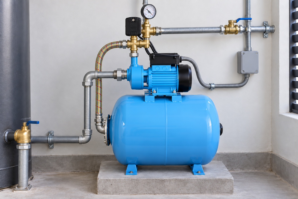 Ejemplo ilustrativo de instalación de la familia Bomba AQUA PAK con tanque AQ horizontal membrana AQUA PAK