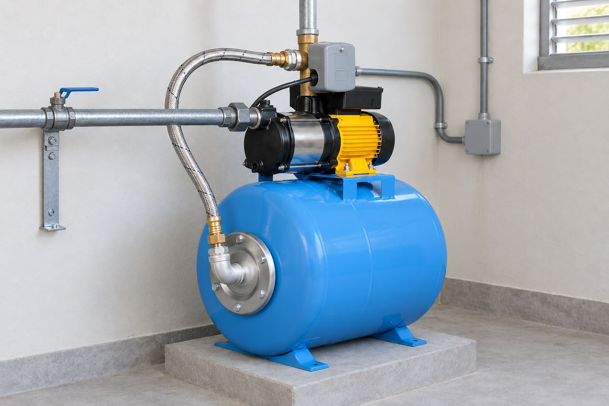 Ejemplo ilustrativo de instalación de la familia Bomba ESPA con tanque AQ horizontal membrana ALTAMIRA