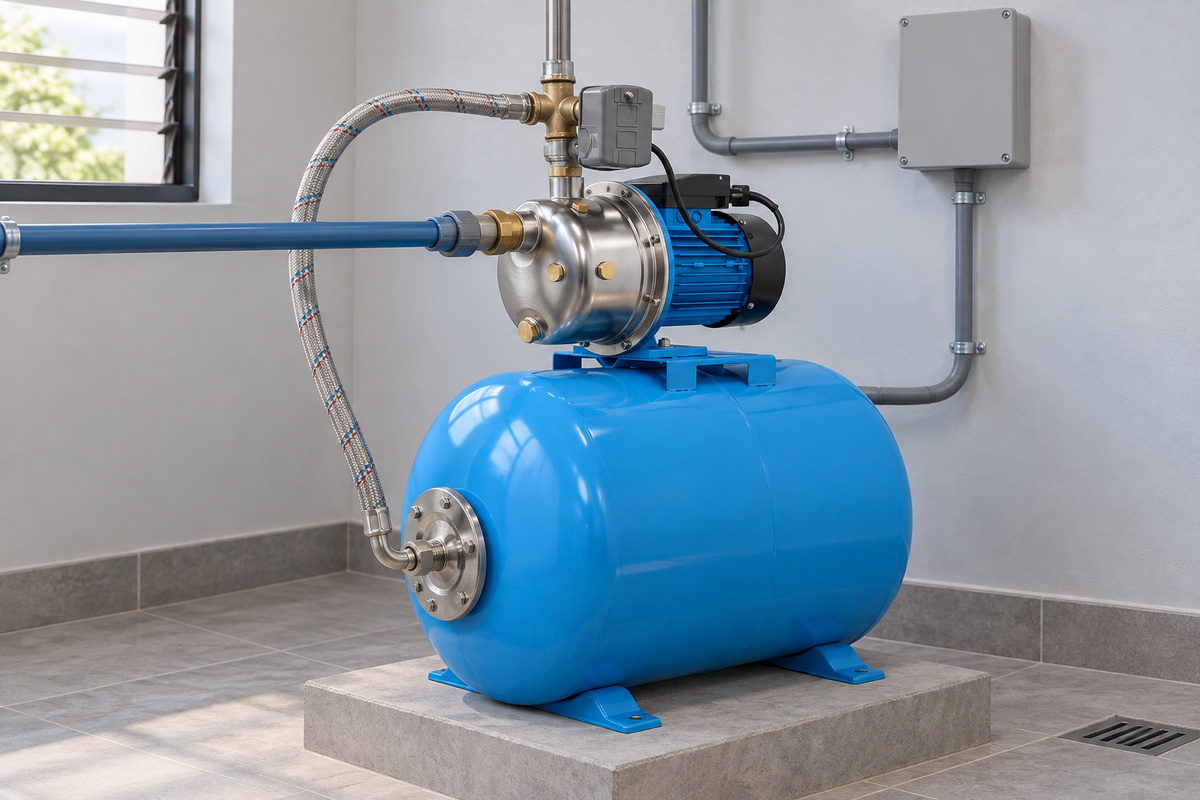 Ejemplo ilustrativo de instalación de la familia Bomba AQUA PAK con tanque AQ horizontal membrana AQUA PAK