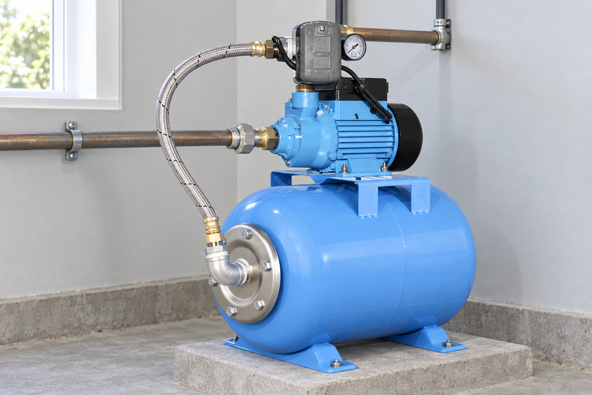 Ejemplo ilustrativo de instalación de la familia Bomba AQUA PAK con tanque AQ horizontal membrana AQUA PAK