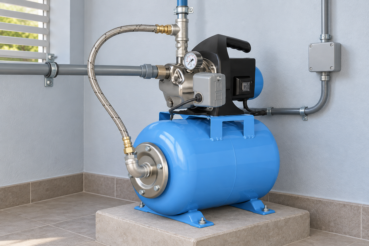 Ejemplo ilustrativo de instalación de la familia Bomba AQUA PAK con tanque AQ horizontal membrana AQUA PAK