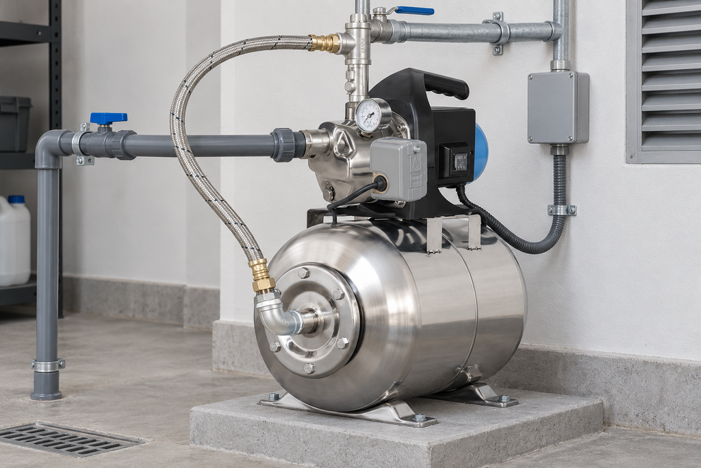 Ejemplo ilustrativo de instalación de la familia Bomba AQUA PAK con tanque AQ acero inoxidable AQUA PAK