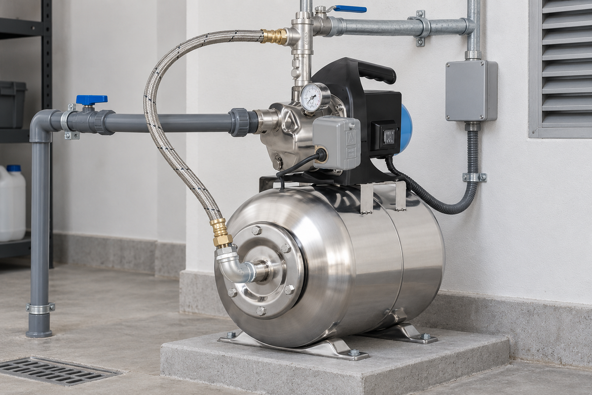 Ejemplo ilustrativo de instalación de la familia Bomba AQUA PAK con tanque AQ acero inoxidable AQUA PAK