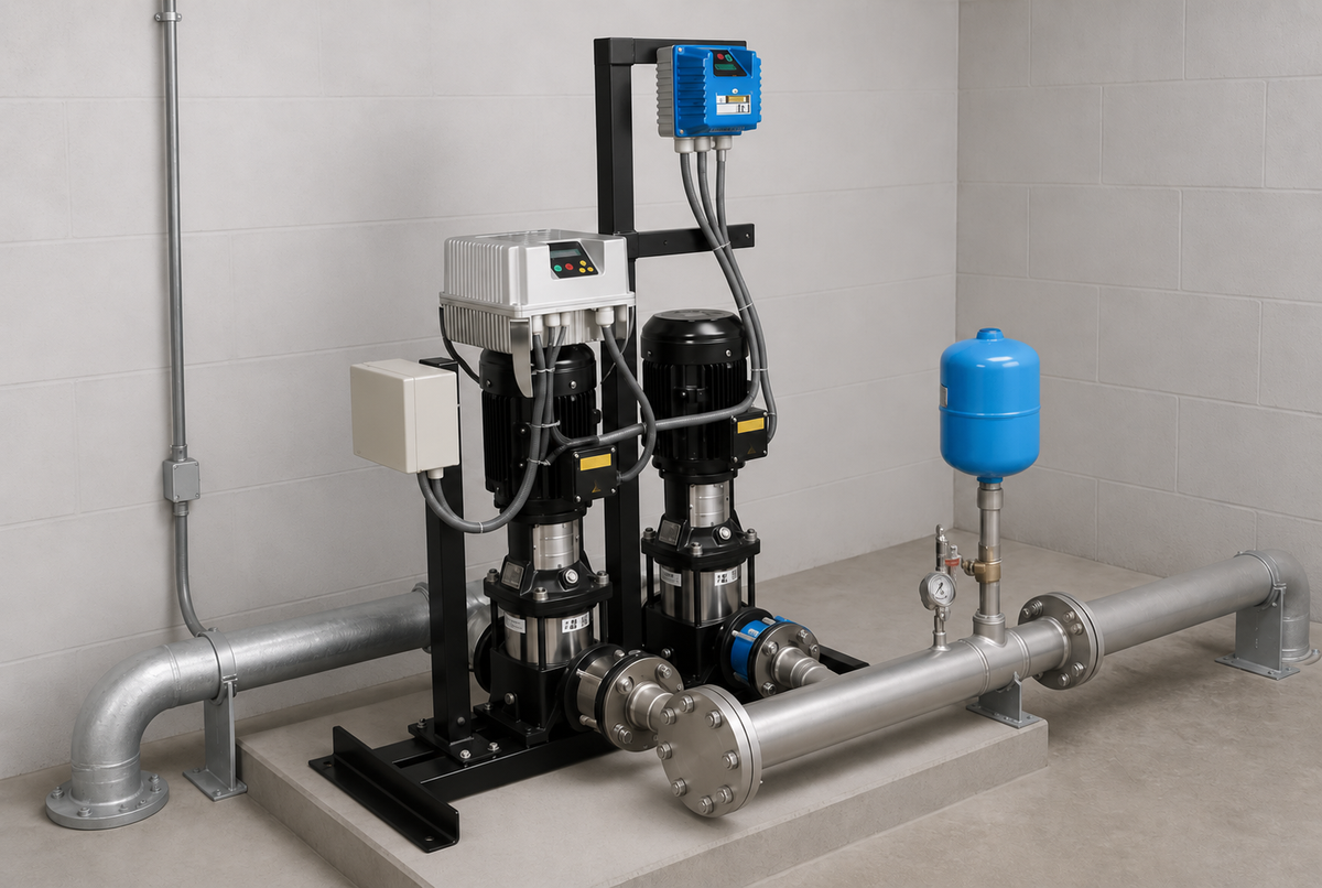 Ejemplo ilustrativo de instalación de la familia Dúplex con bombas TX, F-DRIVE y PROCONTROL HIDROCONTROL