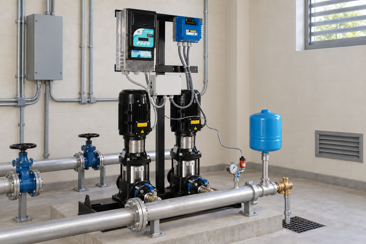 Ejemplo ilustrativo de instalación de la familia Dúplex con bombas TX, R-DRIVE y PROCONTROL HIDROCONTROL