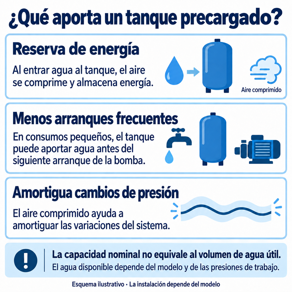 Infografía ilustrativa sobre aire comprimido, reducción de arranques frecuentes y amortiguación de cambios de presión; la capacidad nominal no equivale al volumen de agua útil.