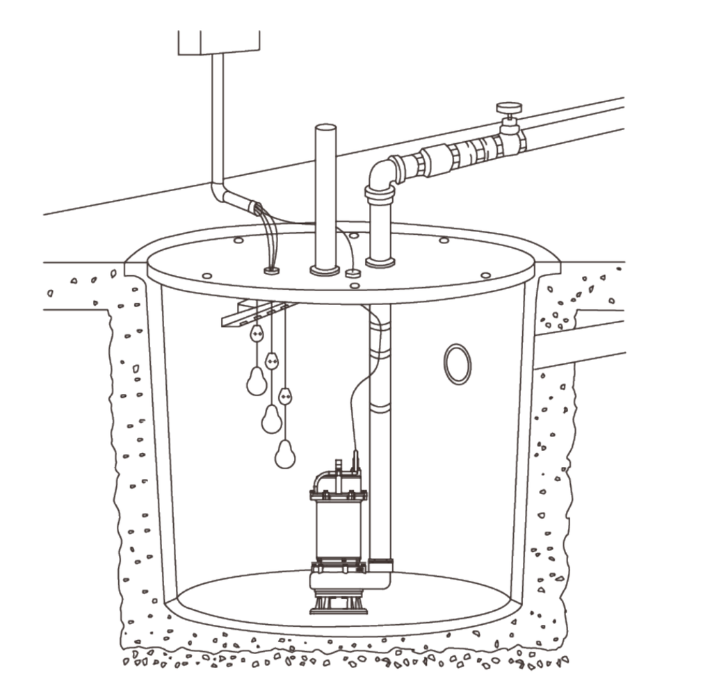 Esquema de instalación del fabricante. AQUA PAK ROBUSTA. Esquema completo de conexión hidráulica en fosa con flotadores y descarga, extraído de la sección 2.2.