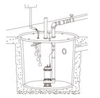Esquema de instalación del fabricante. AQUA PAK ROBUSTA. Esquema completo de conexión hidráulica en fosa con flotadores y descarga, extraído de la sección 2.2.