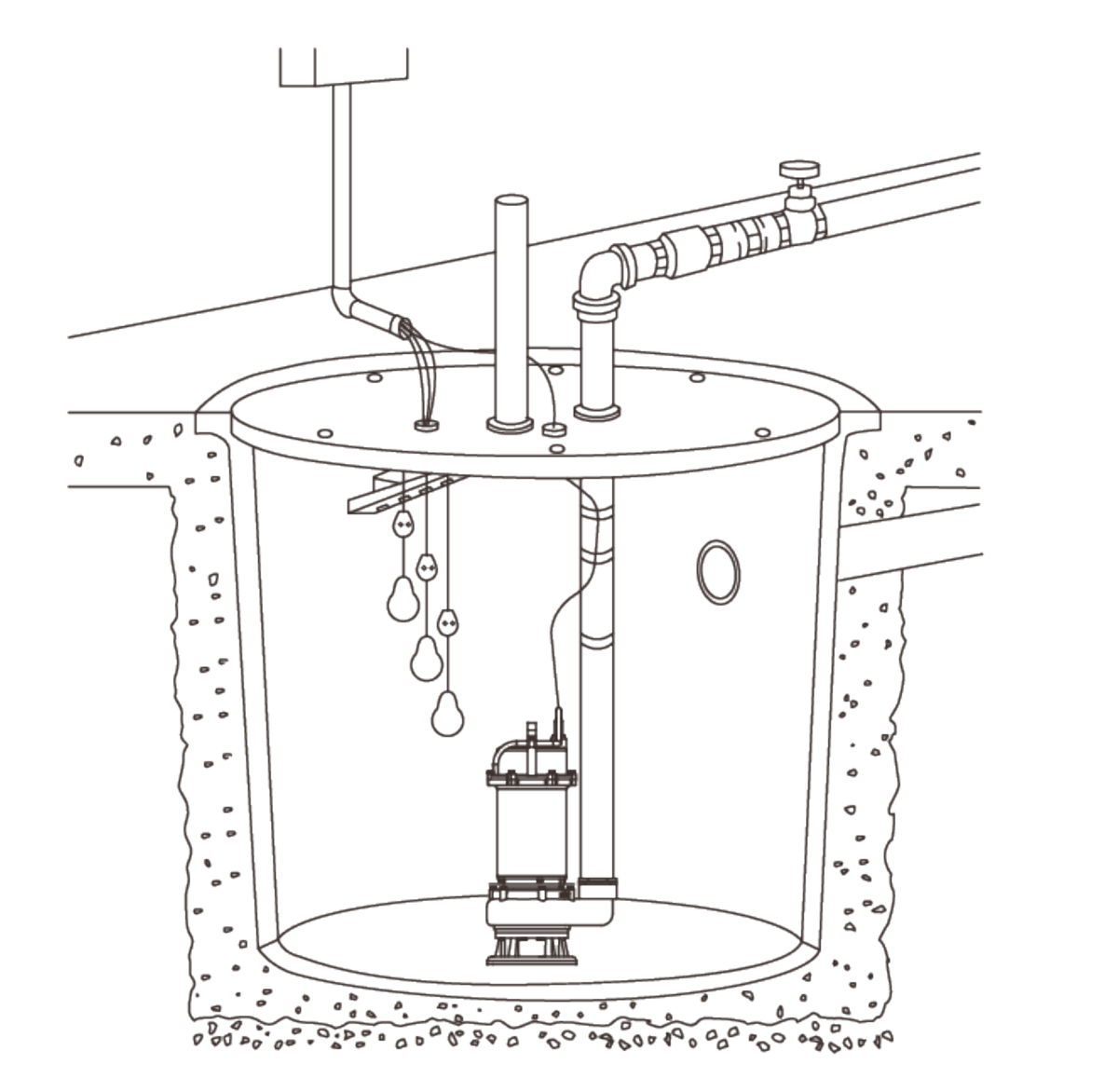 Esquema de instalación del fabricante. AQUA PAK ROBUSTA. Esquema completo de conexión hidráulica en fosa con flotadores y descarga, extraído de la sección 2.2.