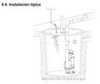 Esquema de instalación del fabricante. ALTAMIRA STR. Figura completa de instalación típica de la sección 4.4, con fosa, flotadores, bomba y tubería de descarga.