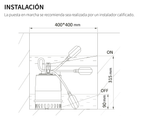 Esquema de instalación del fabricante. AQUA PAK DRANA-X. Sección instalación con dimensiones de registro y posiciones ON/OFF del flotador; incluye la recomendación del instalador calificado.
