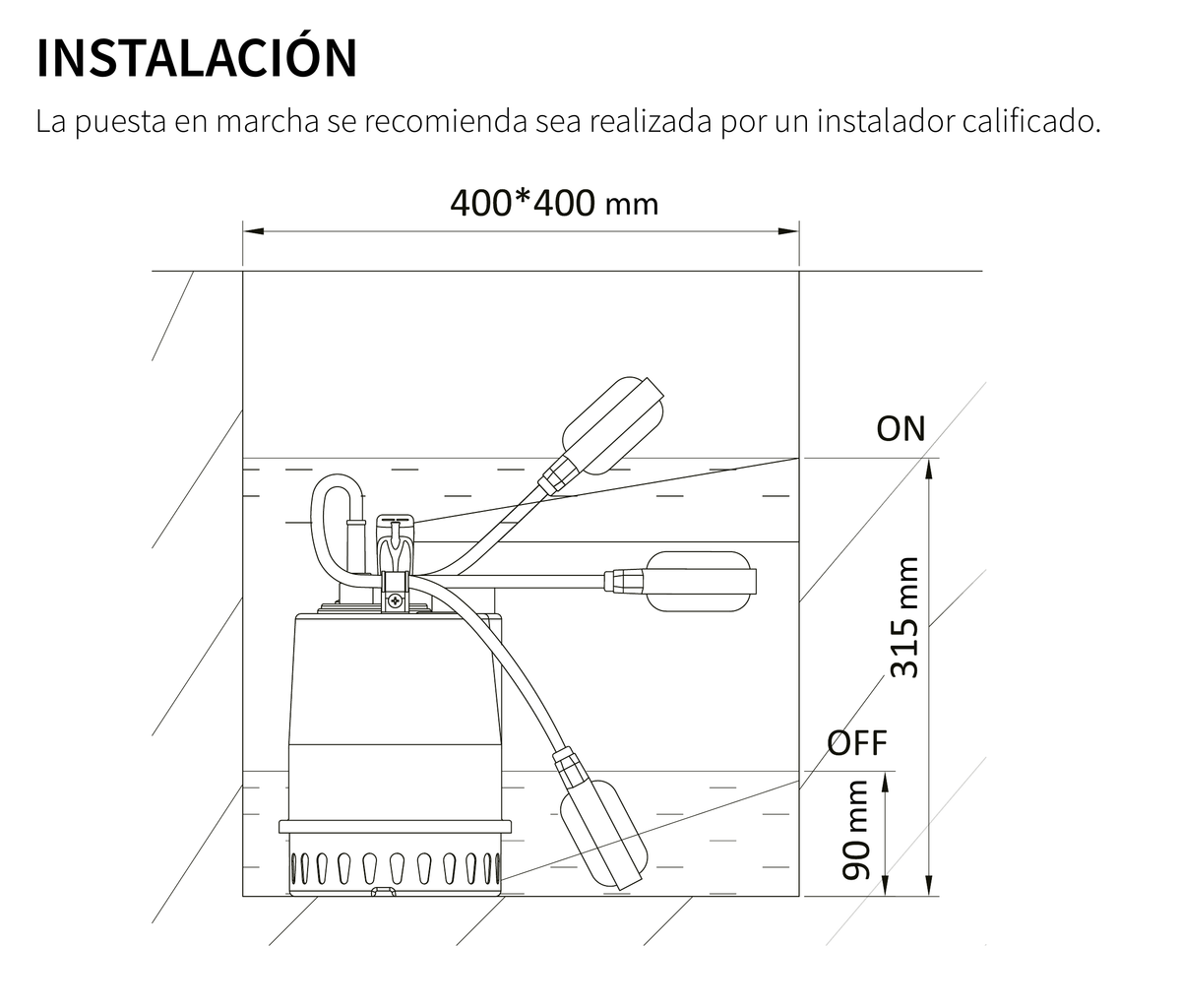 Esquema de instalación del fabricante. AQUA PAK DRANA-X. Sección instalación con dimensiones de registro y posiciones ON/OFF del flotador; incluye la recomendación del instalador calificado.