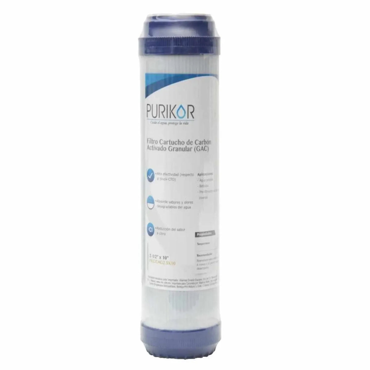 Fotografía oficial PURIKOR: filtro cartucho de carbón activado granular (gac). Vista del producto.