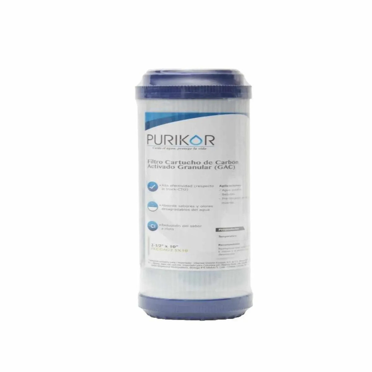 Fotografía oficial PURIKOR: filtro cartucho de carbón activado granular (gac). Vista del producto.