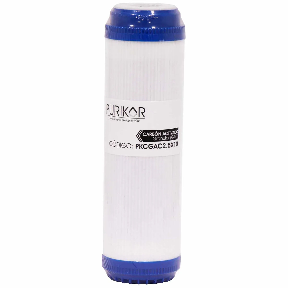 Fotografía oficial PURIKOR: filtro cartucho de carbón activado granular (gac). Vista del producto.