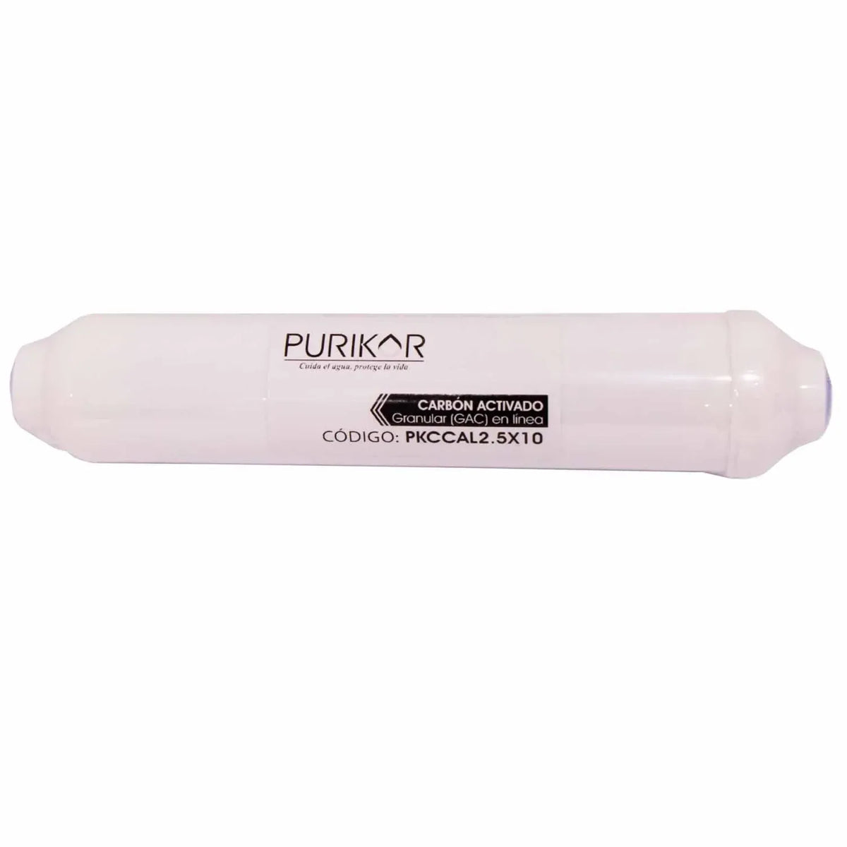 Fotografía oficial PURIKOR: filtro cartucho de carbón activado granular en línea. Vista del producto.