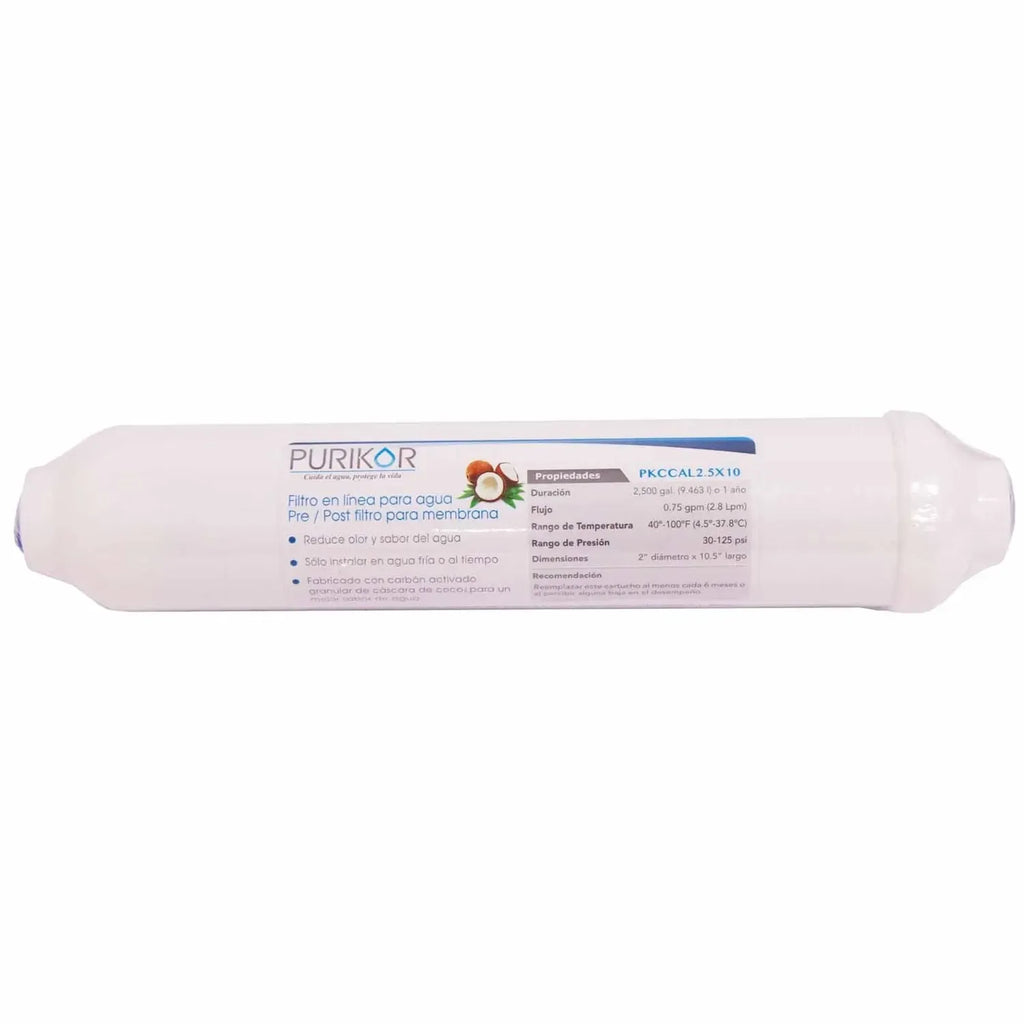 Fotografía oficial PURIKOR: filtro cartucho de carbón activado granular en línea. Vista del producto.