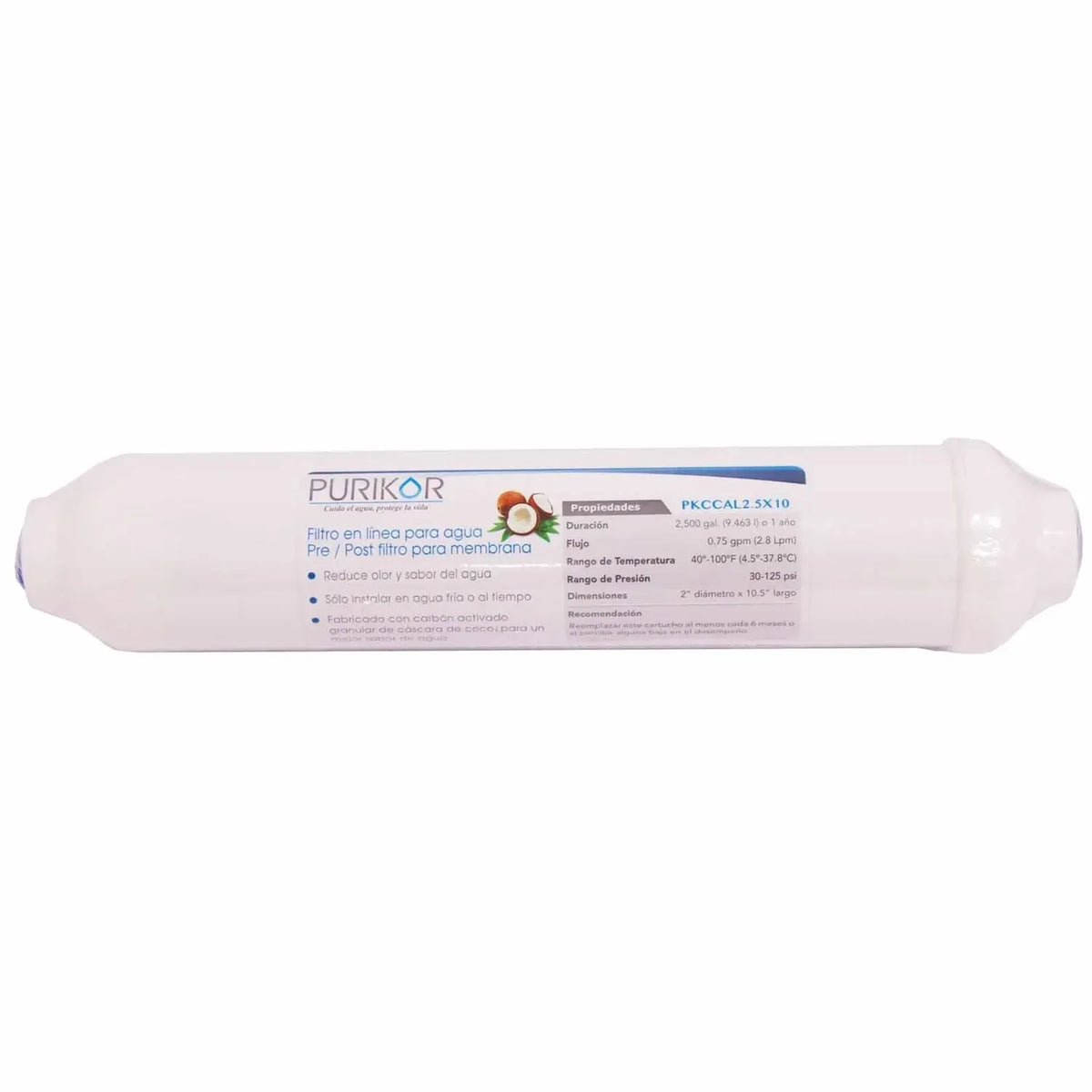 Fotografía oficial PURIKOR: filtro cartucho de carbón activado granular en línea. Vista del producto.
